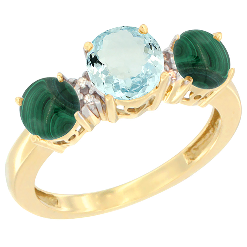 10K Yellow Gold Round 3-Stone Natural Aquamarine Ring & Malachite Sides Diamond Accent, sizes 5 - 10
