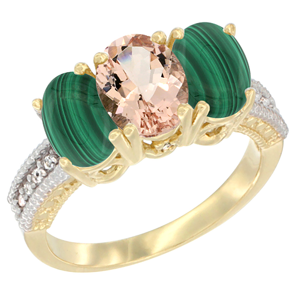 14K Yellow Gold Natural Morganite Ring with Malachite 3-Stone 7x5 mm Oval Diamond Accent, sizes 5 - 10