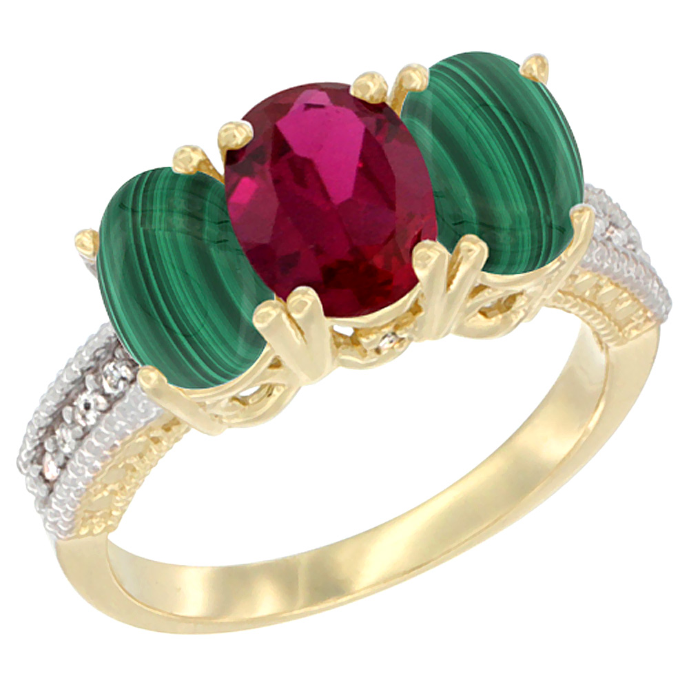 14K Yellow Gold Enhanced Ruby Ring with Natural Malachite 3-Stone 7x5 mm Oval Diamond Accent, sizes 5 - 10