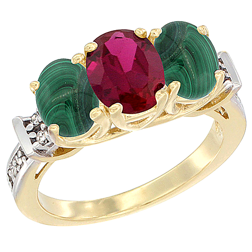 10K Yellow Gold Enhanced Ruby &amp; Malachite Sides Ring 3-Stone Oval Diamond Accent, sizes 5 - 10