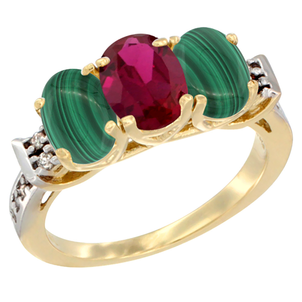 10K Yellow Gold Enhanced Ruby &amp; Natural Malachite Sides Ring 3-Stone Oval 7x5 mm Diamond Accent, sizes 5 - 10