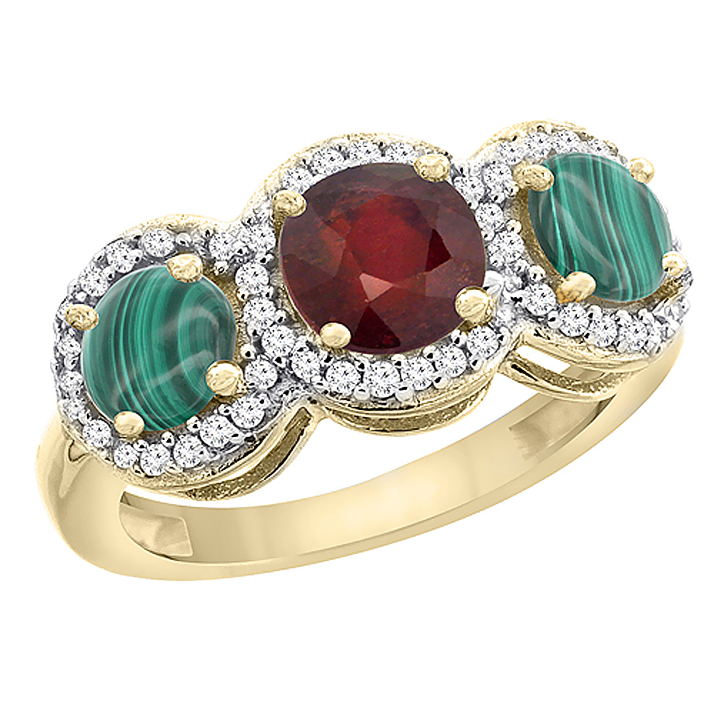 14K Yellow Gold Enhanced Ruby & Malachite Sides Round 3-stone Ring Diamond Accents, sizes 5 - 10