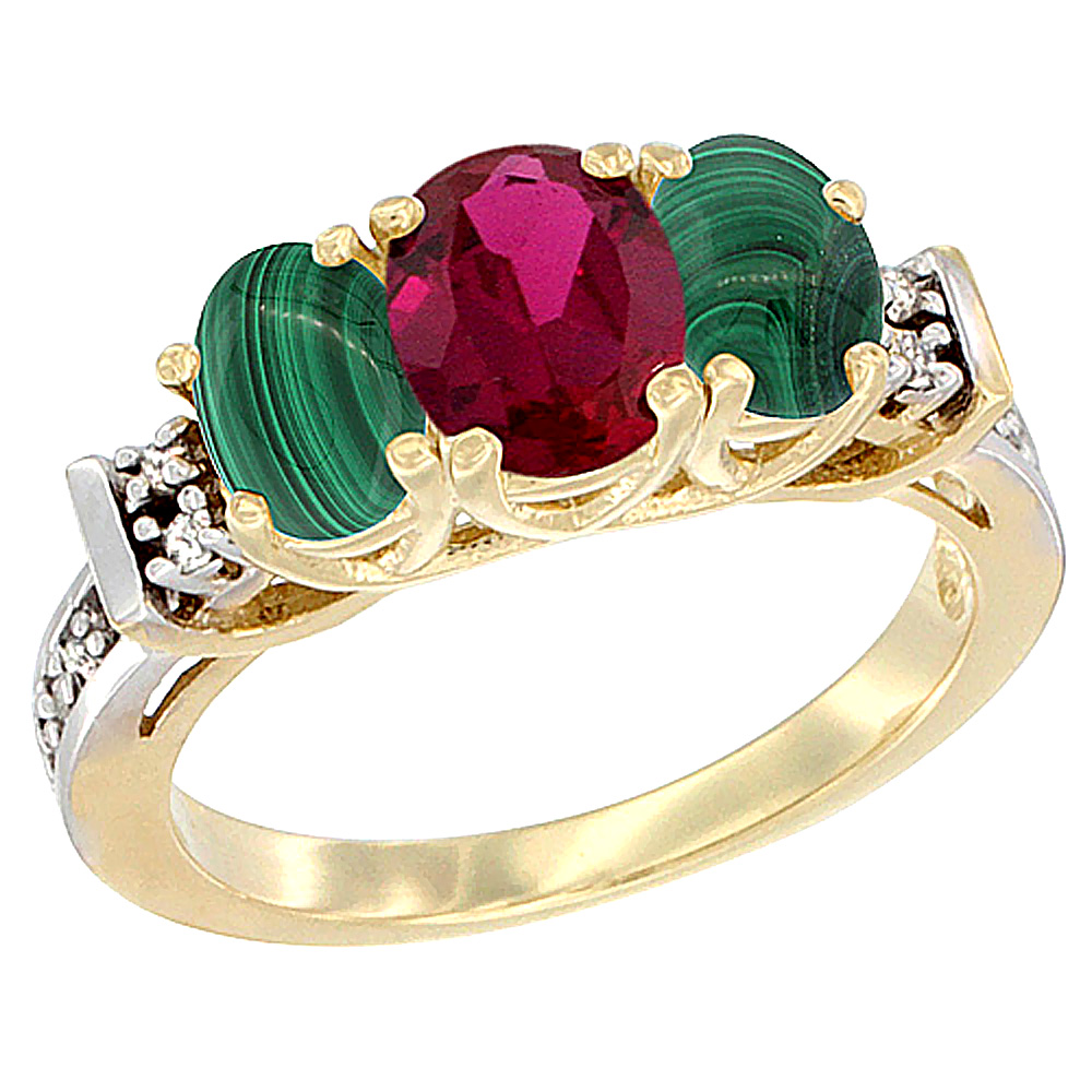 10K Yellow Gold Natural High Quality Ruby &amp; Malachite Ring 3-Stone Oval Diamond Accent
