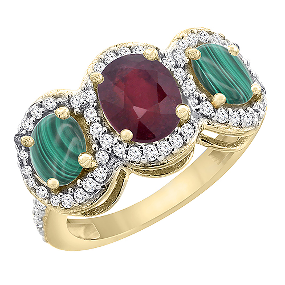 14K Yellow Gold Natural Quality Ruby &amp; Malachite 3-stone Mothers Ring Oval Diamond Accent, size 5 - 10