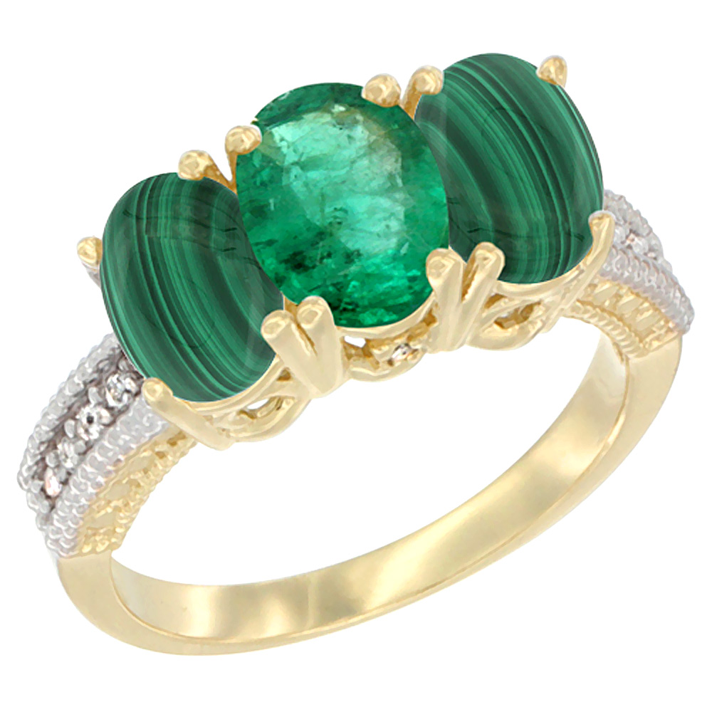 14K Yellow Gold Natural Emerald Ring with Malachite 3-Stone 7x5 mm Oval Diamond Accent, sizes 5 - 10