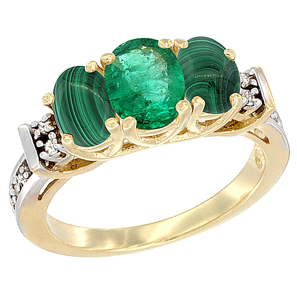 10K Yellow Gold Natural Emerald &amp; Malachite Ring 3-Stone Oval Diamond Accent