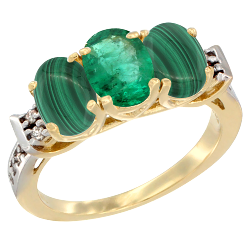10K Yellow Gold Natural Emerald & Malachite Sides Ring 3-Stone Oval 7x5 mm Diamond Accent, sizes 5 - 10