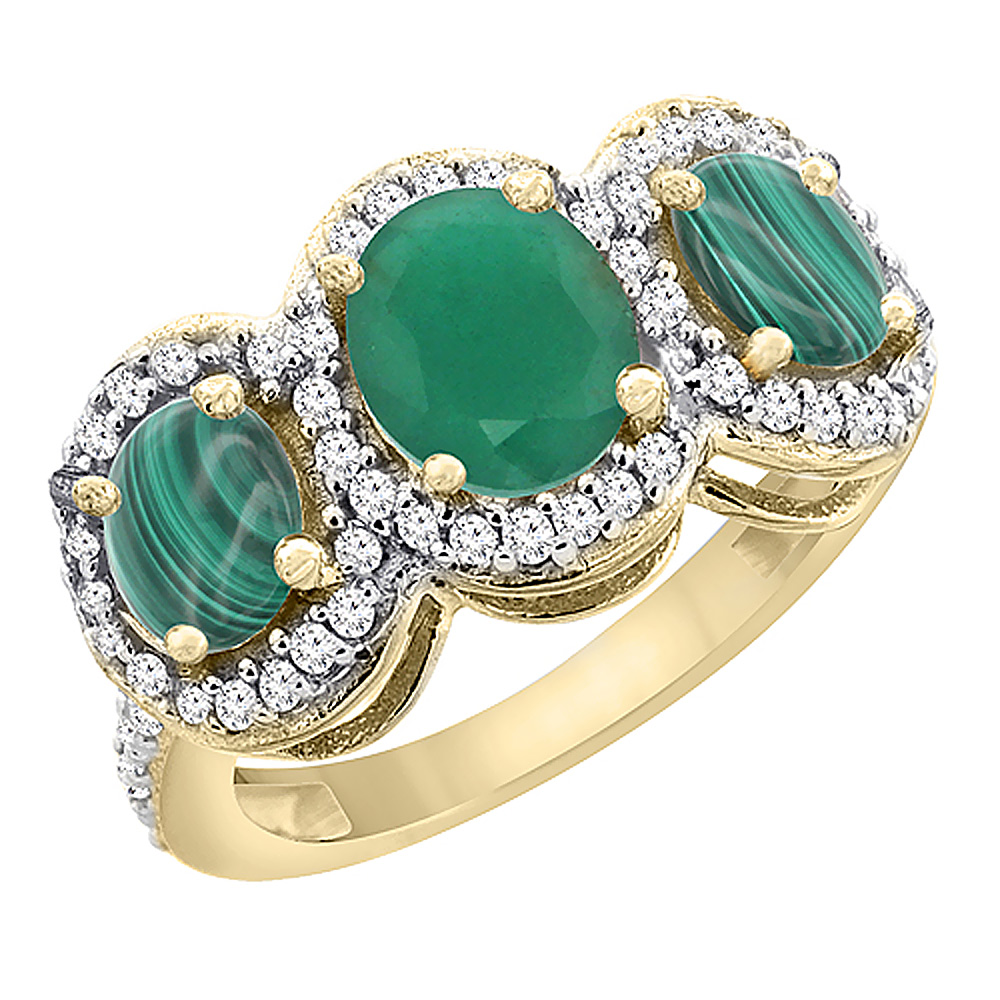 14K Yellow Gold Natural Quality Emerald & Malachite 3-stone Mothers Ring Oval Diamond Accent, size 5 - 10