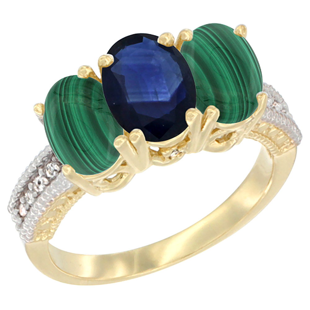 14K Yellow Gold Natural Blue Sapphire Ring with Malachite 3-Stone 7x5 mm Oval Diamond Accent, sizes 5 - 10