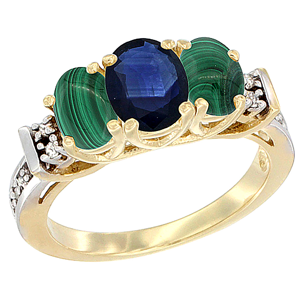 10K Yellow Gold Natural Blue Sapphire &amp; Malachite Ring 3-Stone Oval Diamond Accent