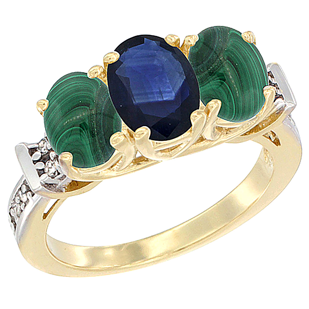 14K Yellow Gold Natural Blue Sapphire &amp; Malachite Sides Ring 3-Stone Oval Diamond Accent, sizes 5 - 10