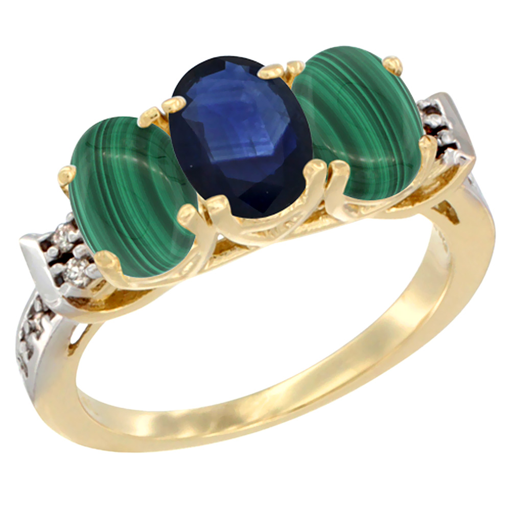 10K Yellow Gold Natural Blue Sapphire & Malachite Sides Ring 3-Stone Oval 7x5 mm Diamond Accent, sizes 5 - 10