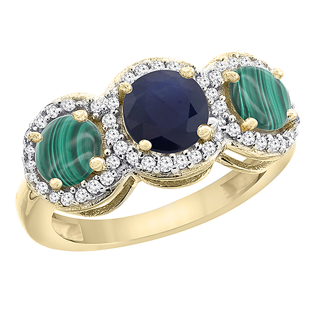 10K Yellow Gold Natural High Quality Blue Sapphire &amp; Malachite Sides Round 3-stone Ring Diamond Accents, sizes 5 - 10