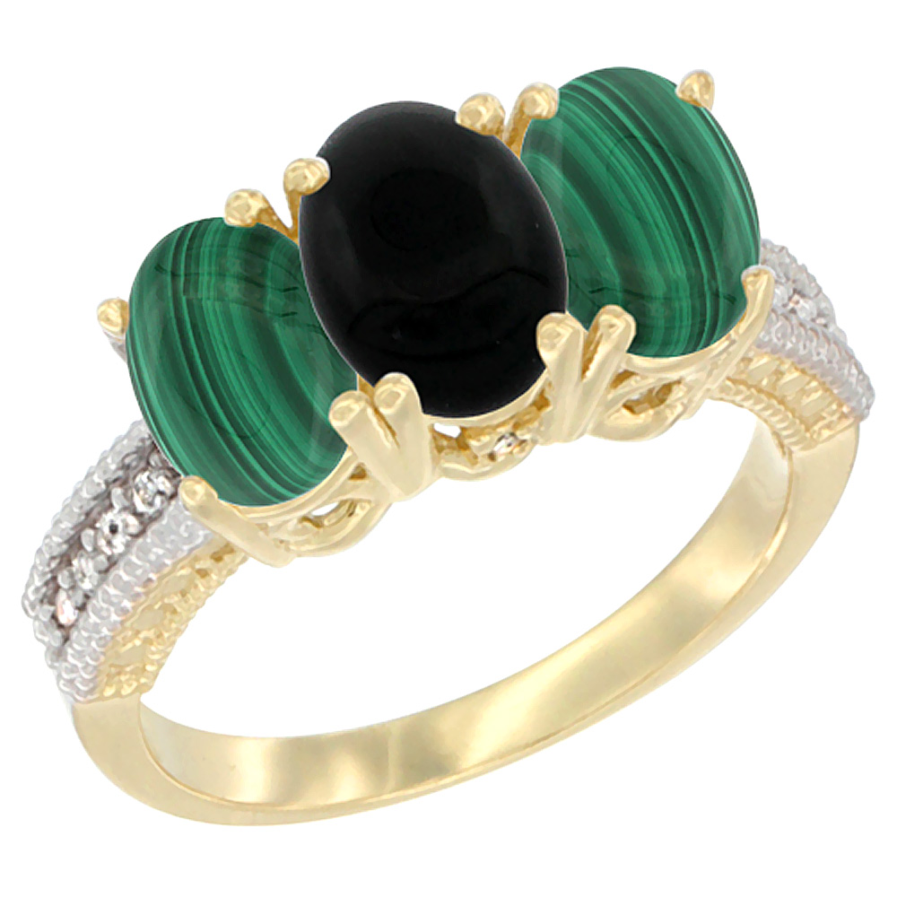 14K Yellow Gold Natural Black Onyx Ring with Malachite 3-Stone 7x5 mm Oval Diamond Accent, sizes 5 - 10