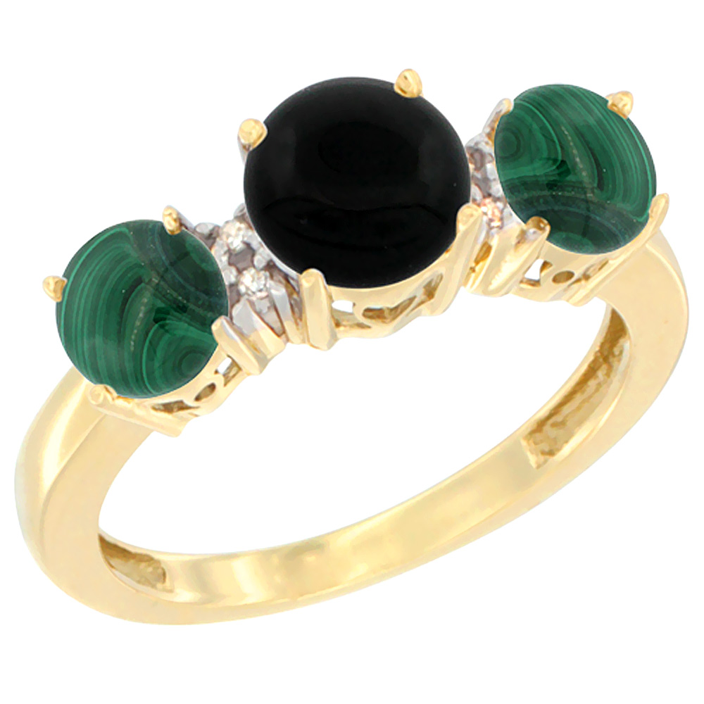 14K Yellow Gold Round 3-Stone Natural Black Onyx Ring &amp; Malachite Sides Diamond Accent, sizes 5 - 10