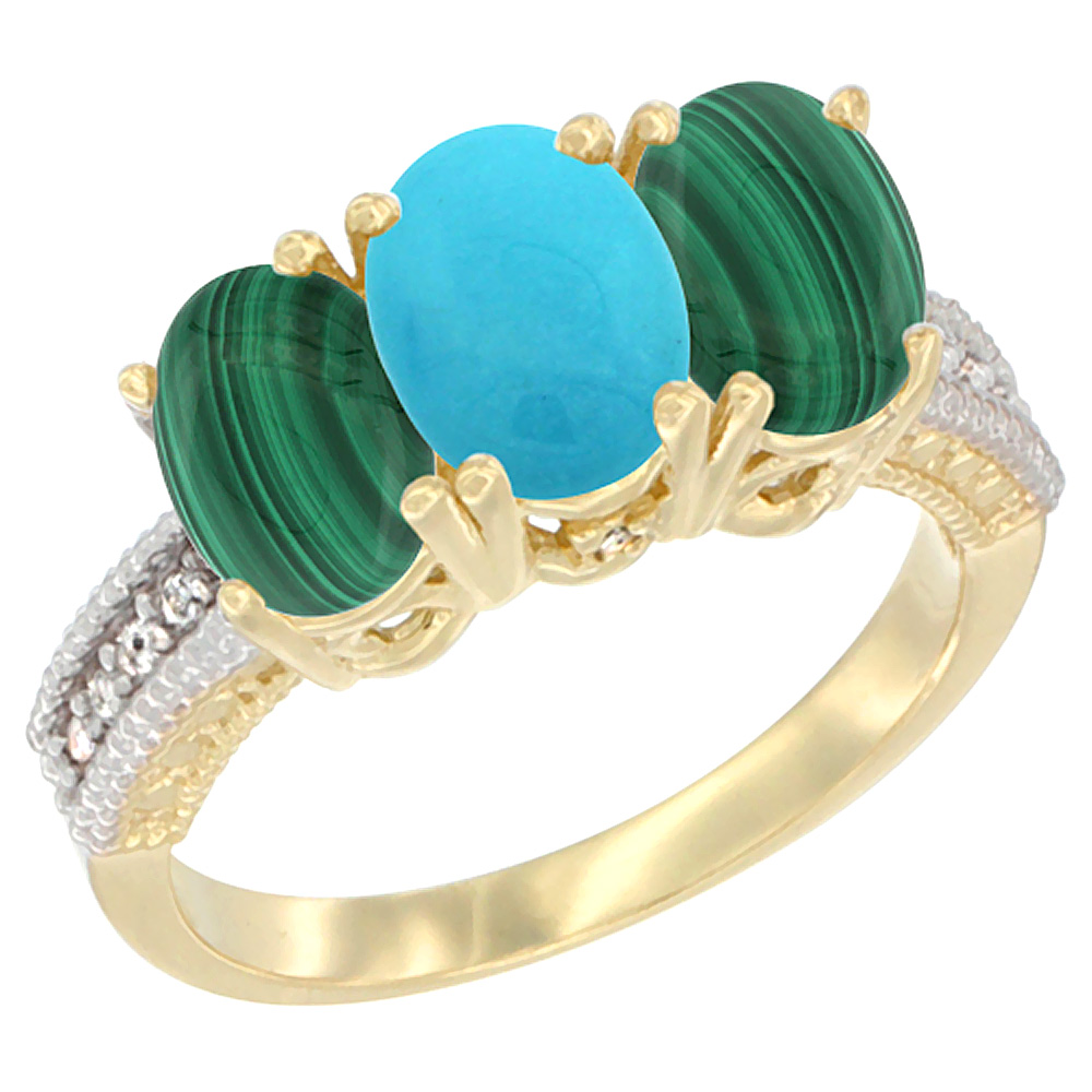 14K Yellow Gold Natural Turquoise Ring with Malachite 3-Stone 7x5 mm Oval Diamond Accent, sizes 5 - 10