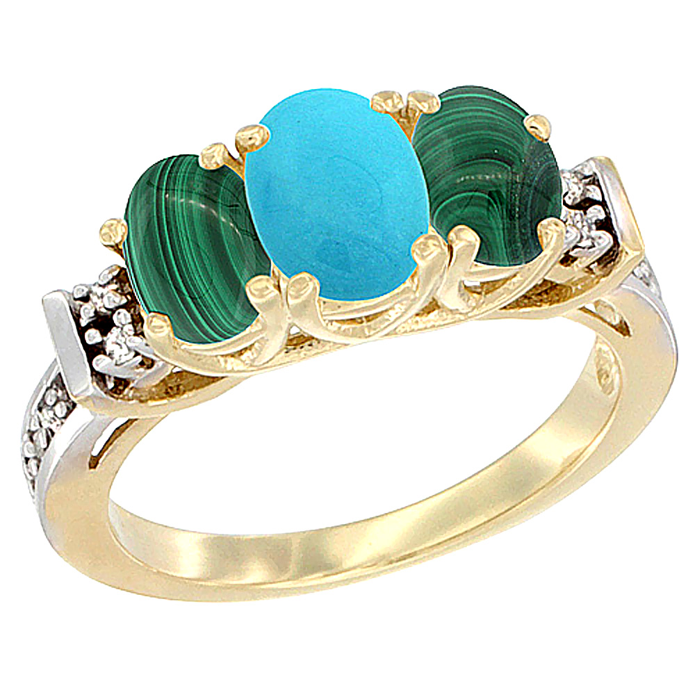 10K Yellow Gold Natural Turquoise & Malachite Ring 3-Stone Oval Diamond Accent