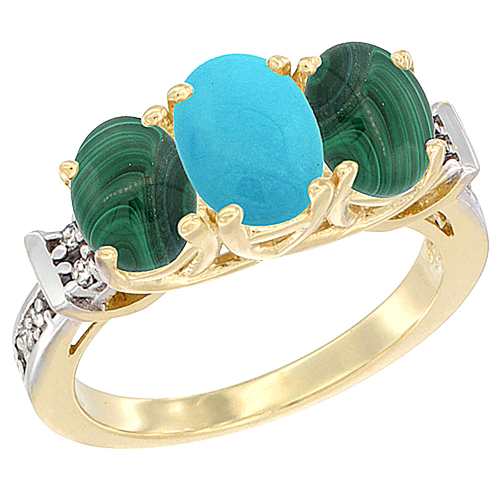 10K Yellow Gold Natural Turquoise & Malachite Sides Ring 3-Stone Oval Diamond Accent, sizes 5 - 10