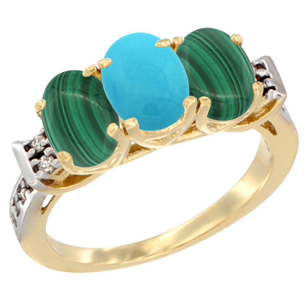 10K Yellow Gold Natural Turquoise & Malachite Sides Ring 3-Stone Oval 7x5 mm Diamond Accent, sizes 5 - 10