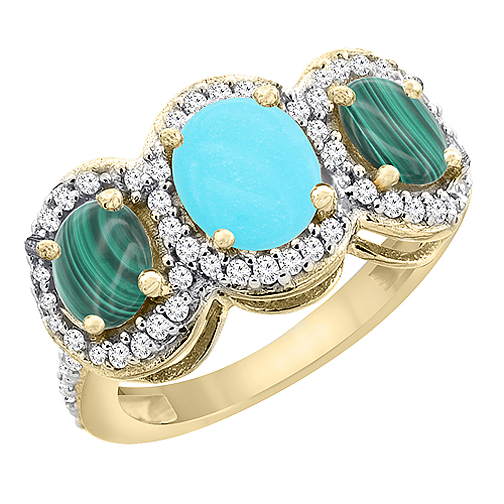 14K Yellow Gold Natural Turquoise &amp; Malachite 3-Stone Ring Oval Diamond Accent, sizes 5 - 10