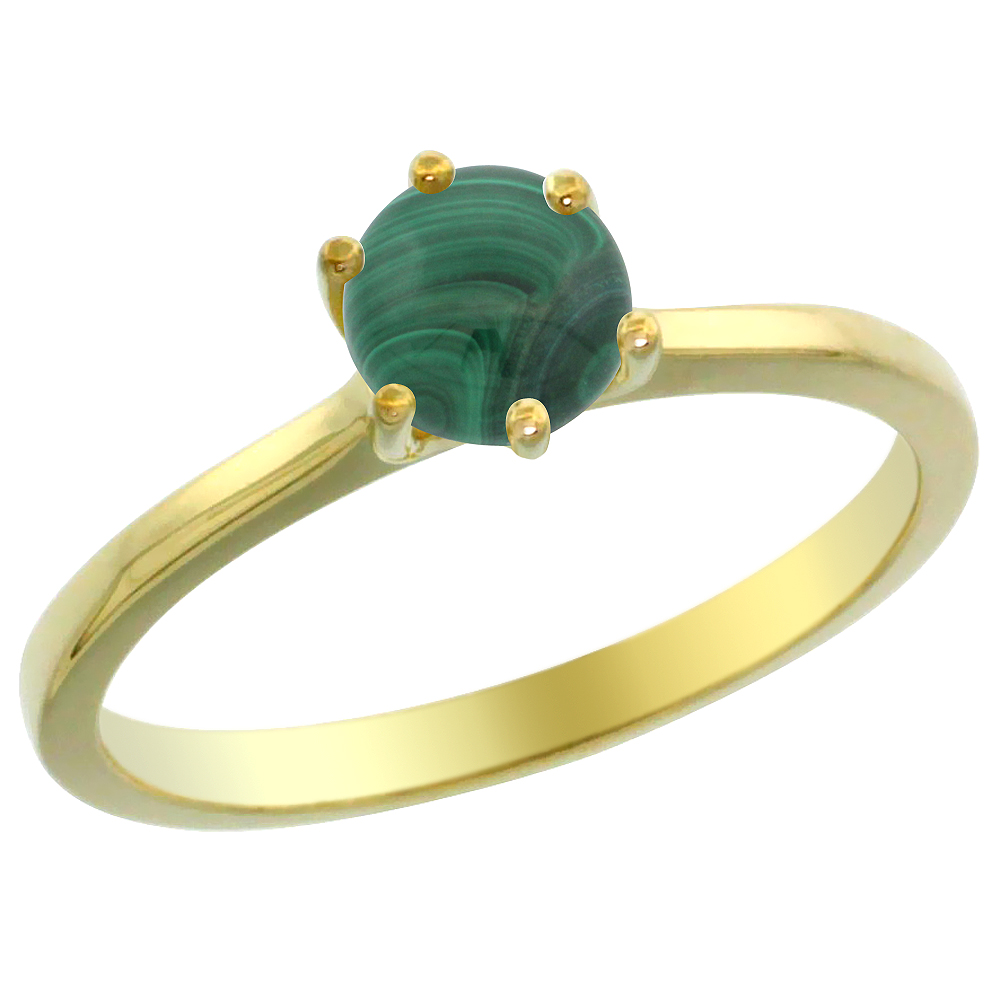 14K Yellow Gold Natural Malachite Solitaire Ring Round 6mm, sizes 5 - 10