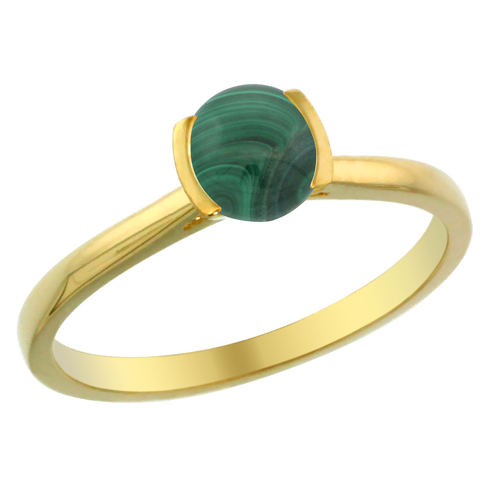 14K Yellow Gold Natural Malachite Solitaire Ring Round 5mm, sizes 5 - 10