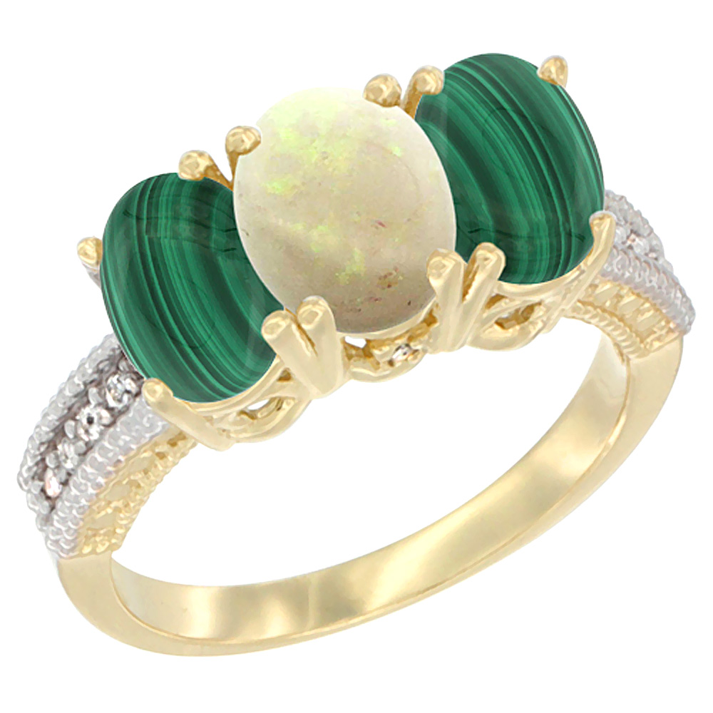 14K Yellow Gold Natural Opal Ring with Malachite 3-Stone 7x5 mm Oval Diamond Accent, sizes 5 - 10