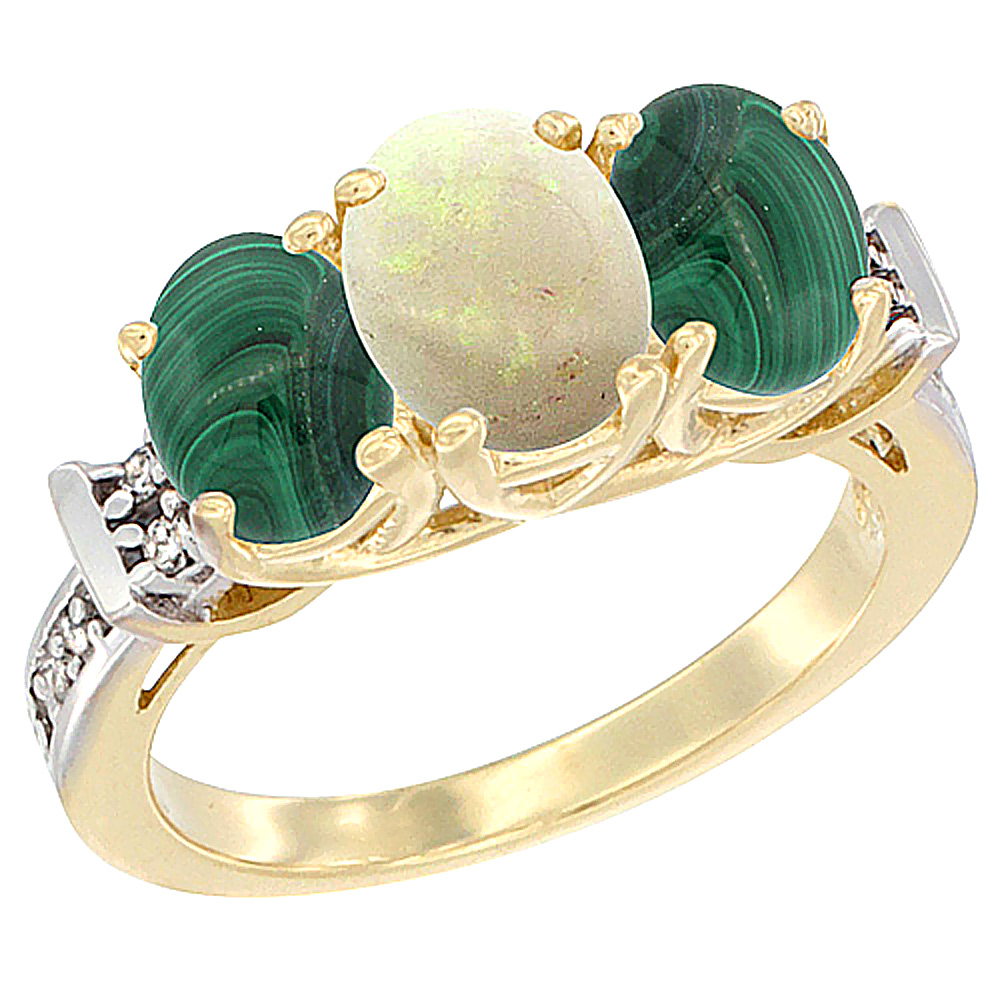 10K Yellow Gold Natural Opal &amp; Malachite Sides Ring 3-Stone Oval Diamond Accent, sizes 5 - 10