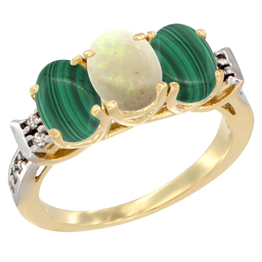 10K Yellow Gold Natural Opal & Malachite Sides Ring 3-Stone Oval 7x5 mm Diamond Accent, sizes 5 - 10