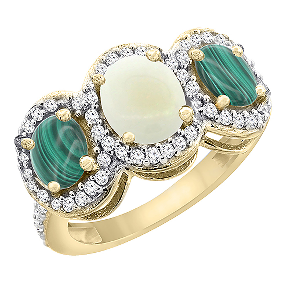 10K Yellow Gold Natural Opal &amp; Malachite 3-Stone Ring Oval Diamond Accent, sizes 5 - 10