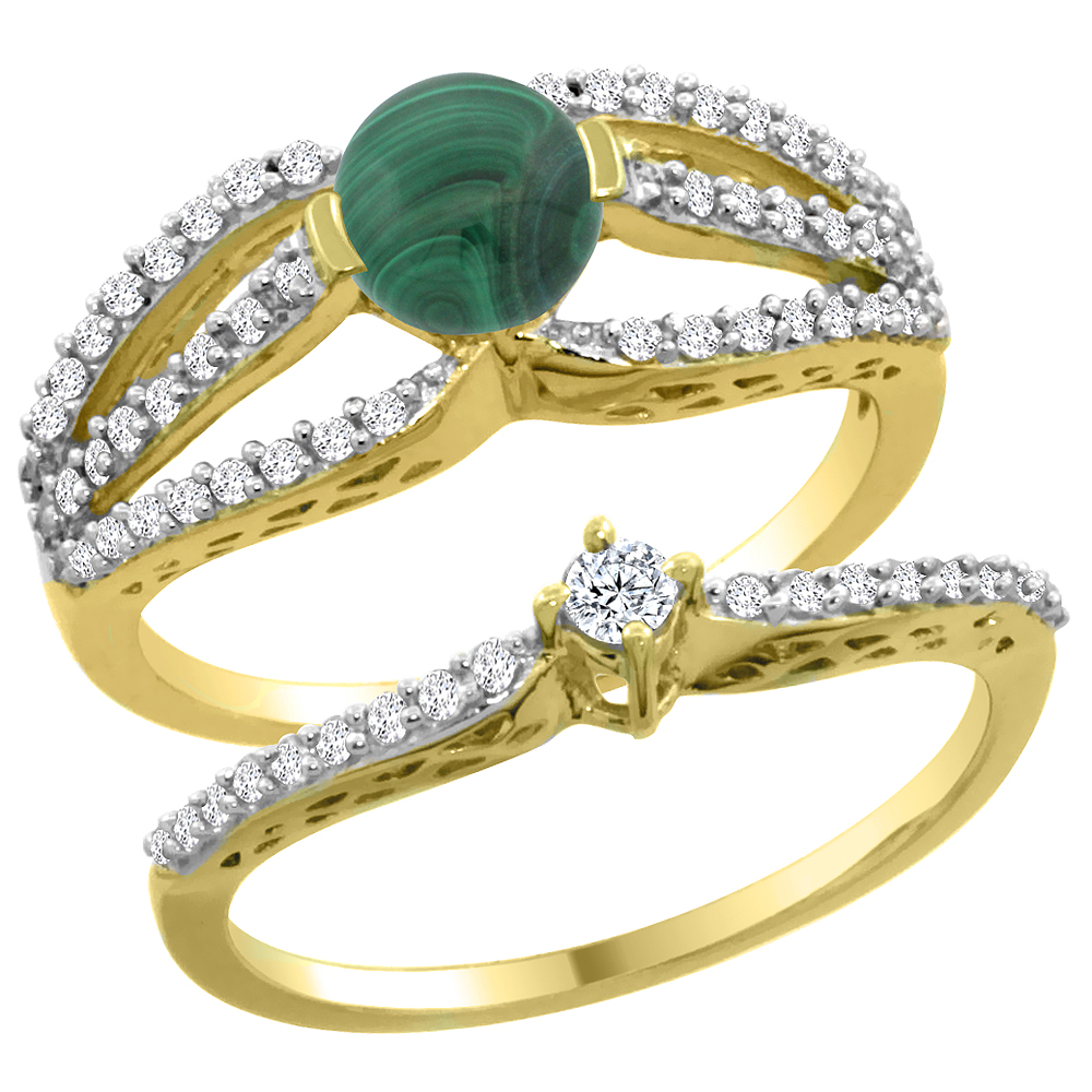 14K Yellow Gold Natural Malachite 2-piece Engagement Ring Set Round 5mm, sizes 5 - 10