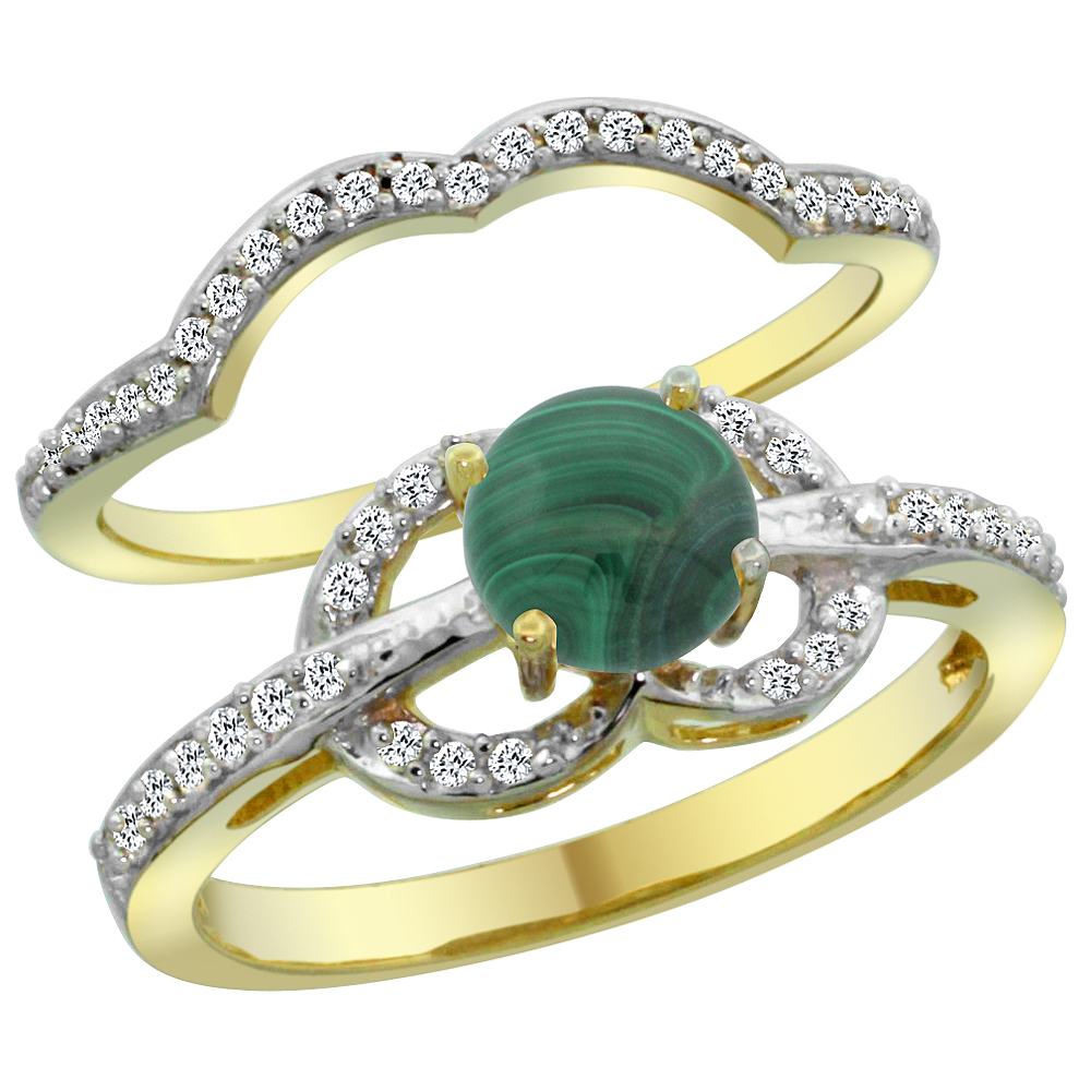 14K Yellow Gold Natural Malachite 2-piece Engagement Ring Set Round 6mm, sizes 5 - 10