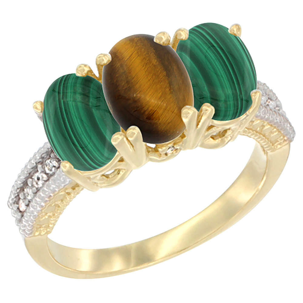 14K Yellow Gold Natural Tiger Eye Ring with Malachite 3-Stone 7x5 mm Oval Diamond Accent, sizes 5 - 10