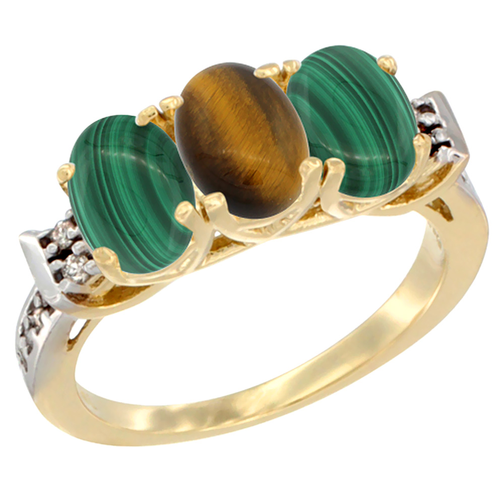 10K Yellow Gold Natural Tiger Eye &amp; Malachite Sides Ring 3-Stone Oval 7x5 mm Diamond Accent, sizes 5 - 10