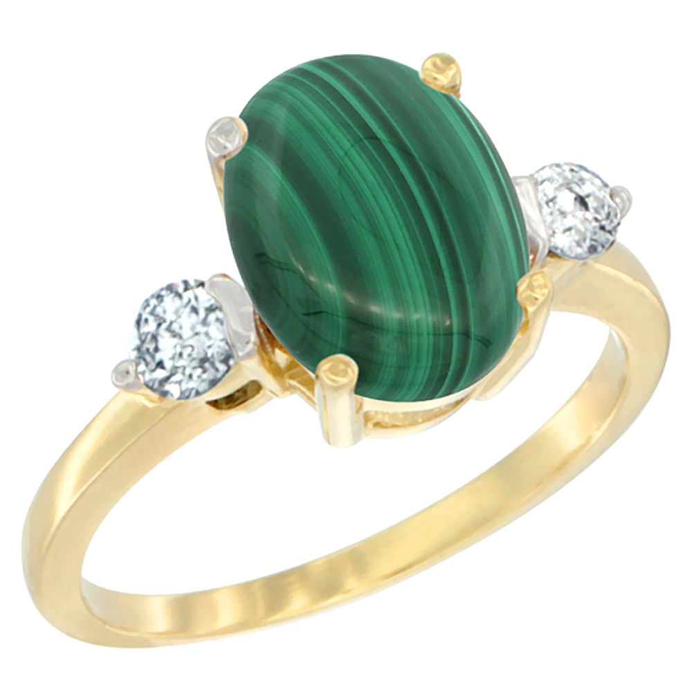 14K Yellow Gold 10x8mm Oval Natural Malachite Ring for Women Diamond Side-stones sizes 5 - 10