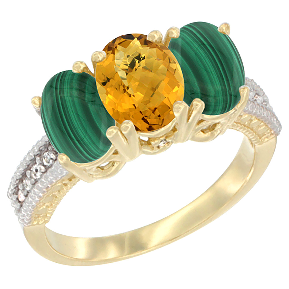 14K Yellow Gold Natural Whisky Quartz Ring with Malachite 3-Stone 7x5 mm Oval Diamond Accent, sizes 5 - 10