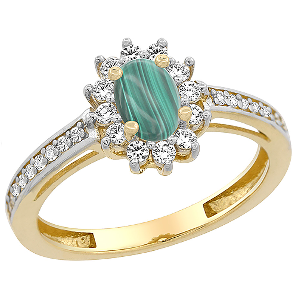 10K Yellow Gold Natural Malachite Flower Halo Ring Oval 6x4 mm Diamond Accents, sizes 5 - 10