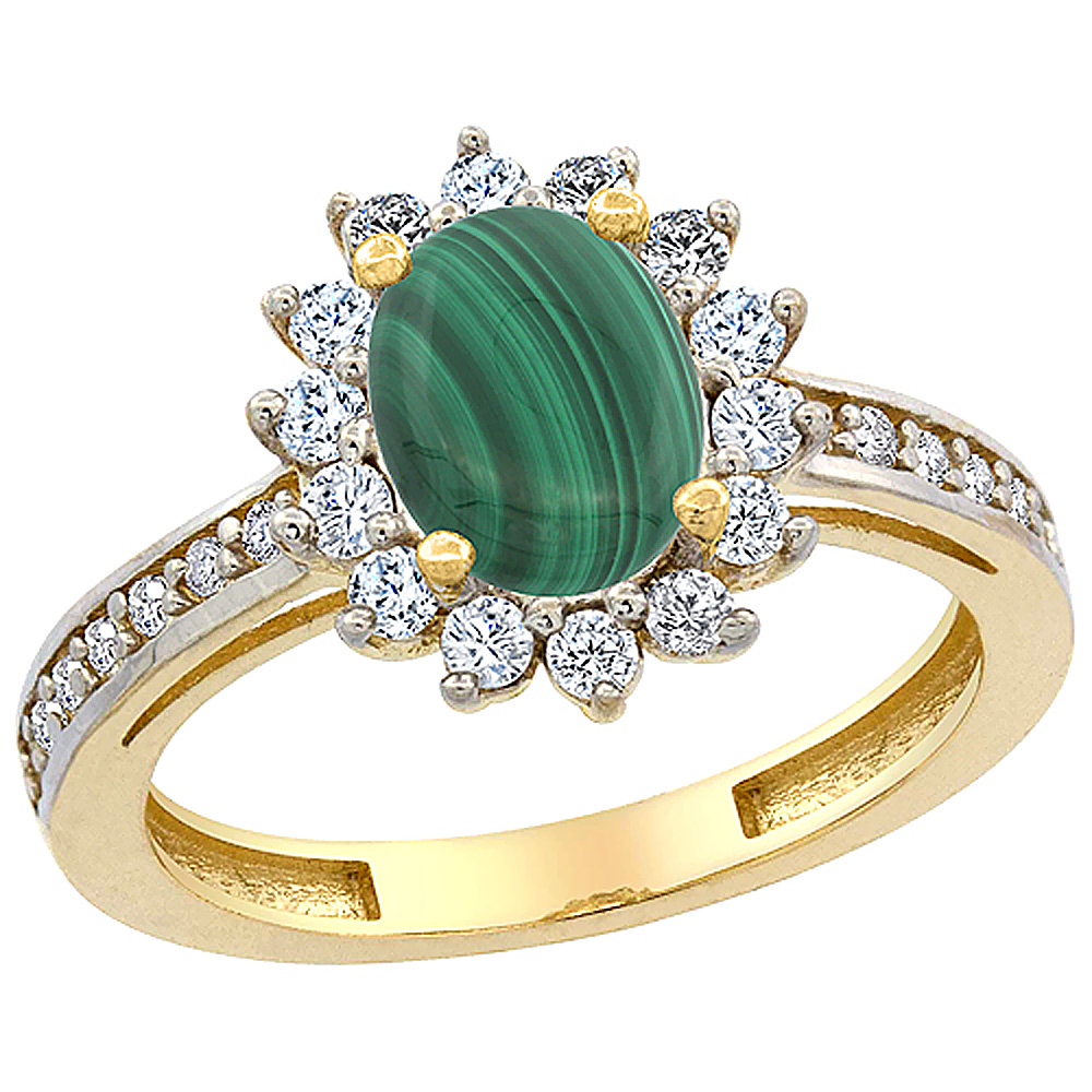 14K Yellow Gold Natural Malachite Floral Halo Ring Oval 8x6mm Diamond Accents, sizes 5 - 10