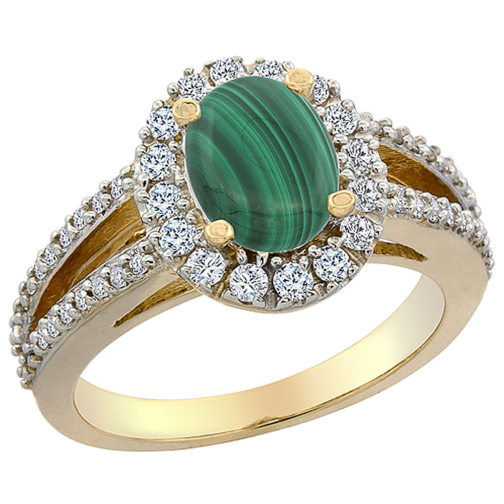 10K Yellow Gold Natural Malachite Halo Ring Oval 8x6 mm with Diamond Accents, sizes 5 - 10