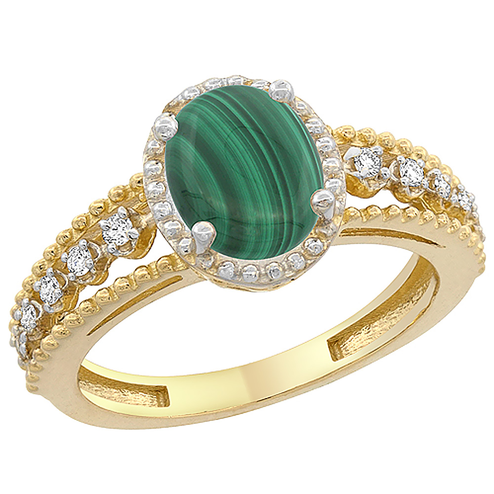10K Yellow Gold Natural Malachite Ring Oval 8x6 mm Floating Diamond Accents, sizes 5 - 10