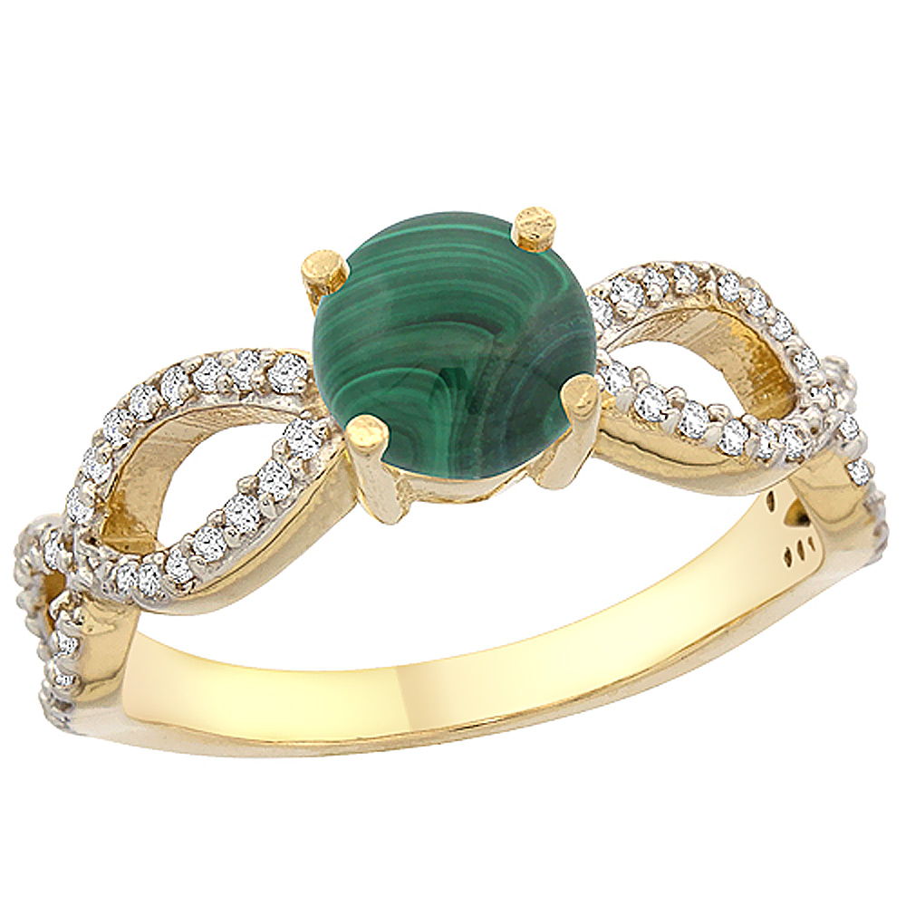 14K Yellow Gold Natural Malachite Ring Round 6mm Infinity Diamond Accents, sizes 5 - 10