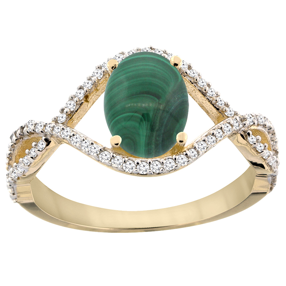14K Yellow Gold Natural Malachite Ring Oval 8x6 mm Infinity Diamond Accents, sizes 5 - 10