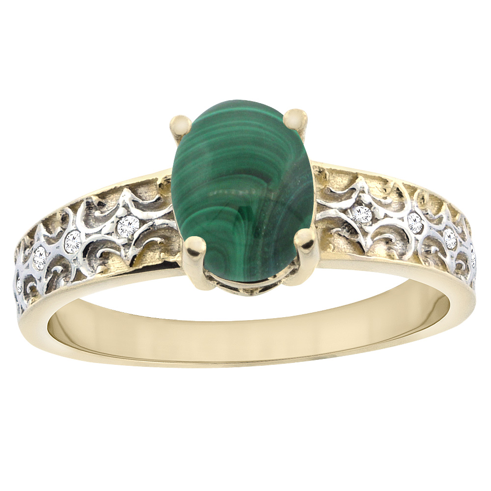 10K Yellow Gold Natural Malachite Ring Oval 8x6 mm Diamond Accents, sizes 5 - 10