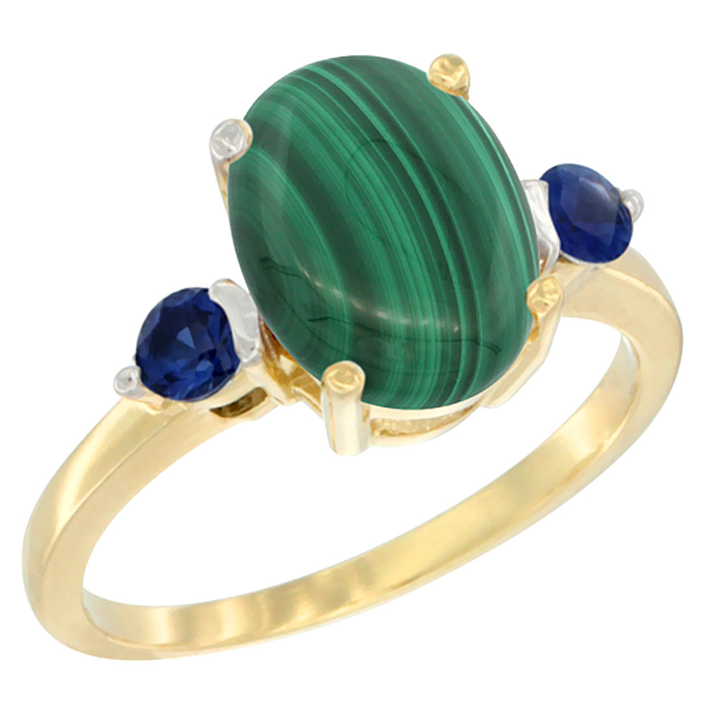 14K Yellow Gold 10x8mm Oval Natural Malachite Ring for Women Blue Sapphire Side-stones sizes 5 - 10