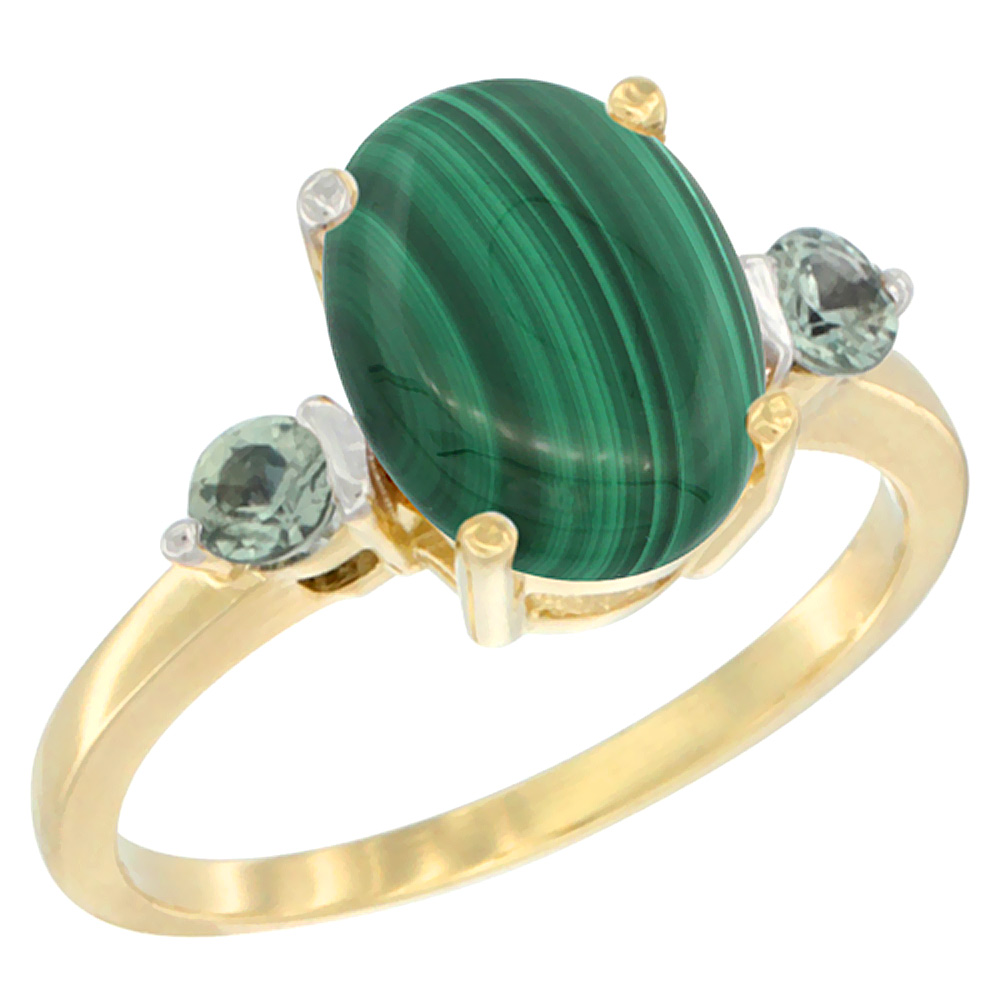 14K Yellow Gold 10x8mm Oval Natural Malachite Ring for Women Green Sapphire Side-stones sizes 5 - 10