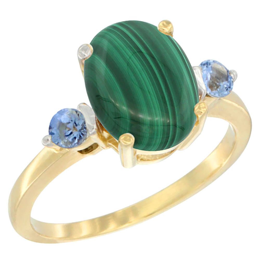 14K Yellow Gold 10x8mm Oval Natural Malachite Ring for Women Light Blue Sapphire Side-stones sizes 5 - 10