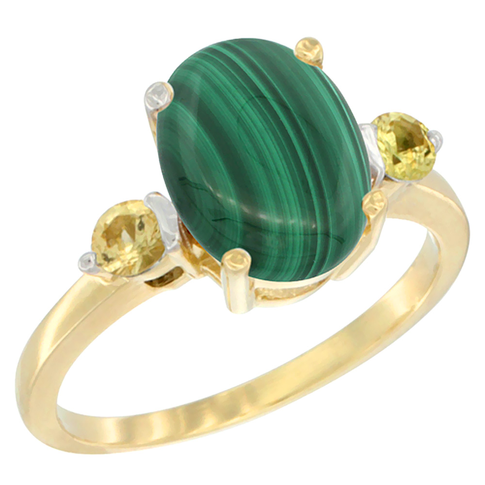 14K Yellow Gold 10x8mm Oval Natural Malachite Ring for Women Yellow Sapphire Side-stones sizes 5 - 10