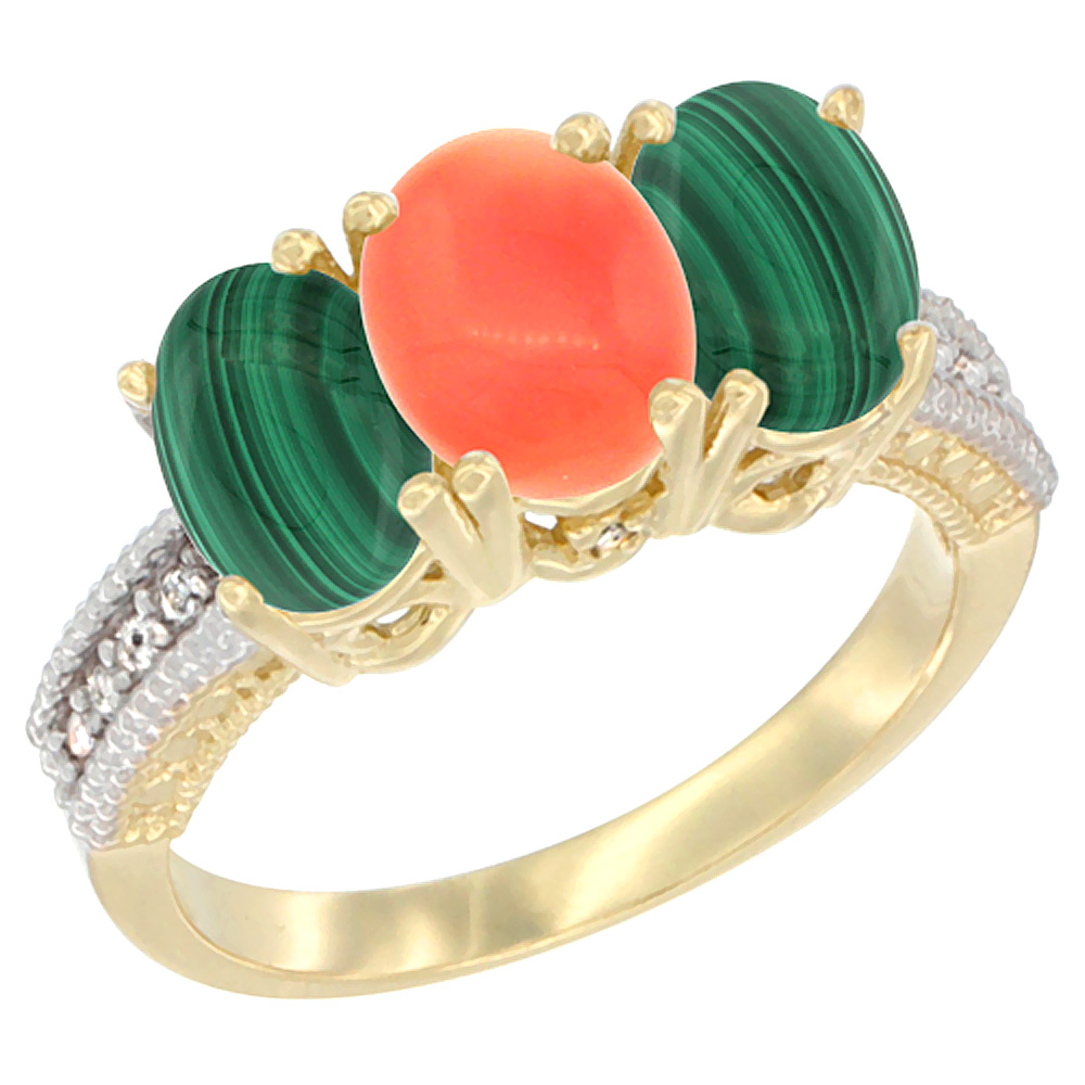 14K Yellow Gold Natural Coral Ring with Malachite 3-Stone 7x5 mm Oval Diamond Accent, sizes 5 - 10