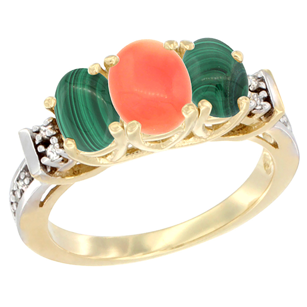 14K Yellow Gold Natural Coral & Malachite Ring 3-Stone Oval Diamond Accent