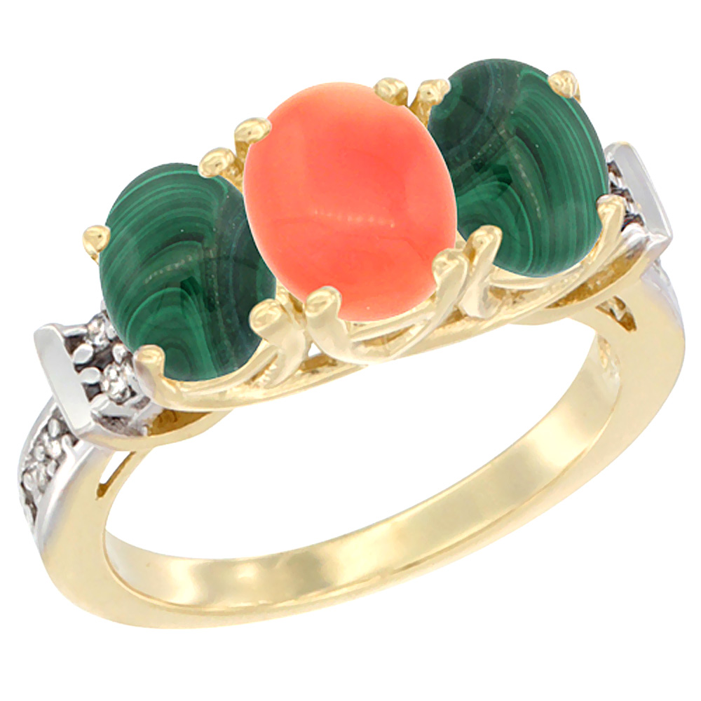 10K Yellow Gold Natural Coral &amp; Malachite Sides Ring 3-Stone Oval Diamond Accent, sizes 5 - 10